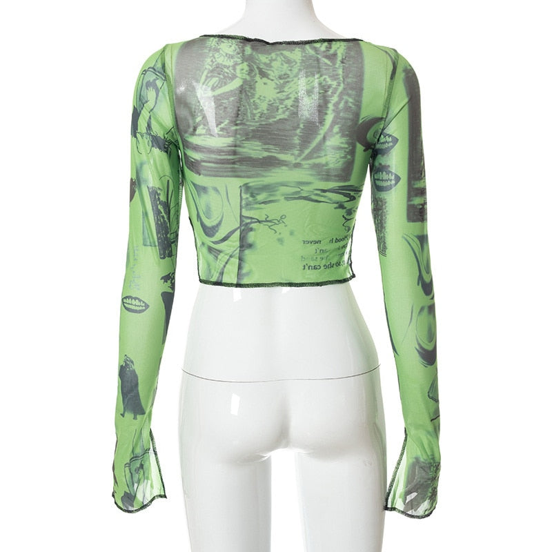Sexy See Trough Crop Top Graphic Print Green Mesh Sheer T-shirt - MERGE.DAY.1.FREESTYLE