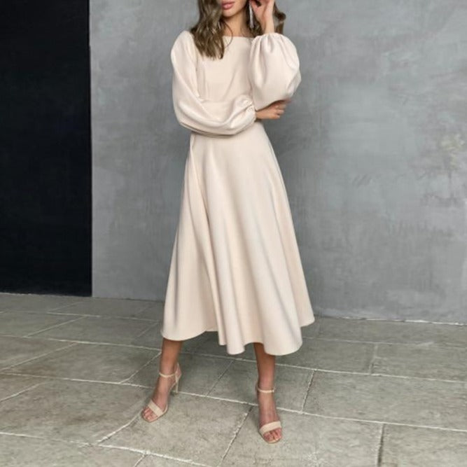 Sexy Backless Midi Long Dresses Lantern Sleeve O-Neck Autumn Folds A-Line For Women - MERGE.DAY.1.FREESTYLE