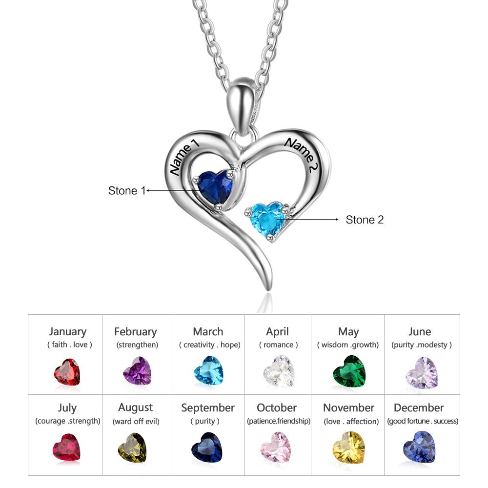 925 Sterling Silver Heart Necklace with 2 Birthstones Custom Engrave Name Pendant - MERGE.DAY.1.FREESTYLE