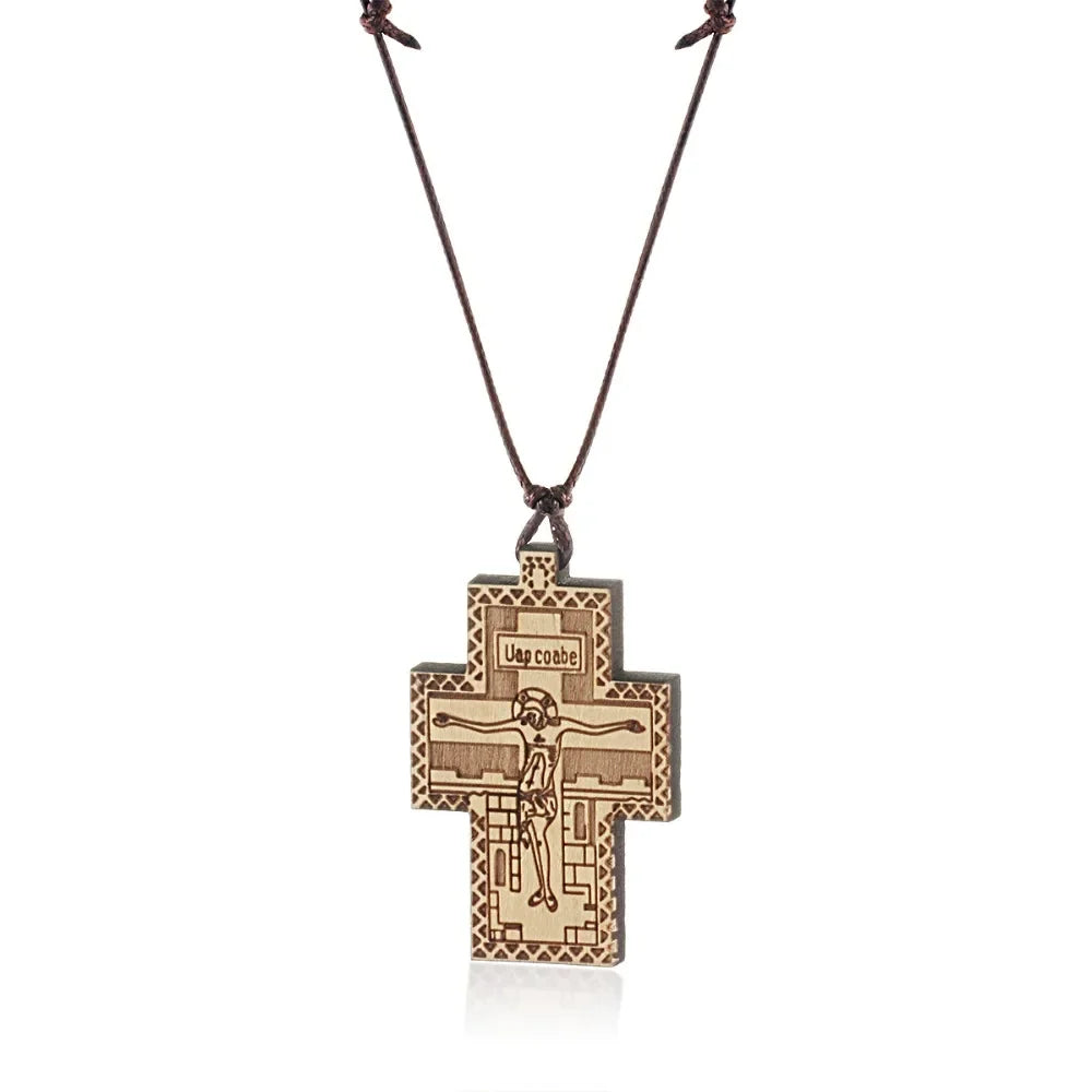 Handmade Rope Chain Necklace Wood Orthodox Cross Pendant Necklace - MERGE.DAY.1.FREESTYLE