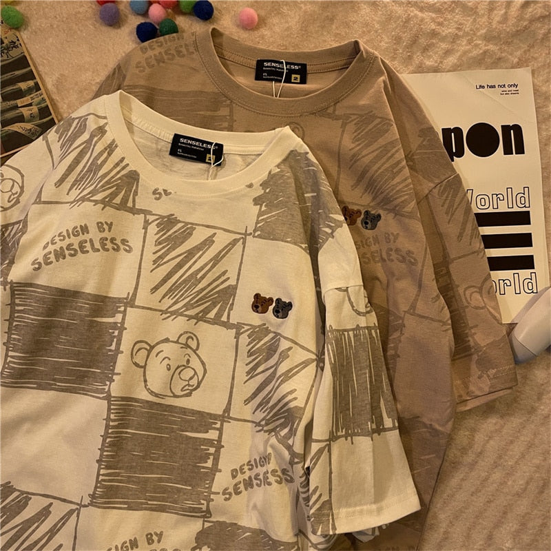 Summer Full Print Cartoon Bear Kawaii Short-Sleeved T-Shirt Loose Harajuku Casual - MERGE.DAY.1.FREESTYLE