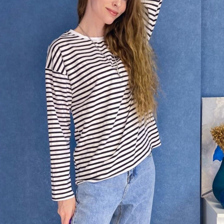 Women Striped Long Sleeve T-shirts Female Streetwear Autumn Spring Cotton Tees Tops - MERGE.DAY.1.FREESTYLE