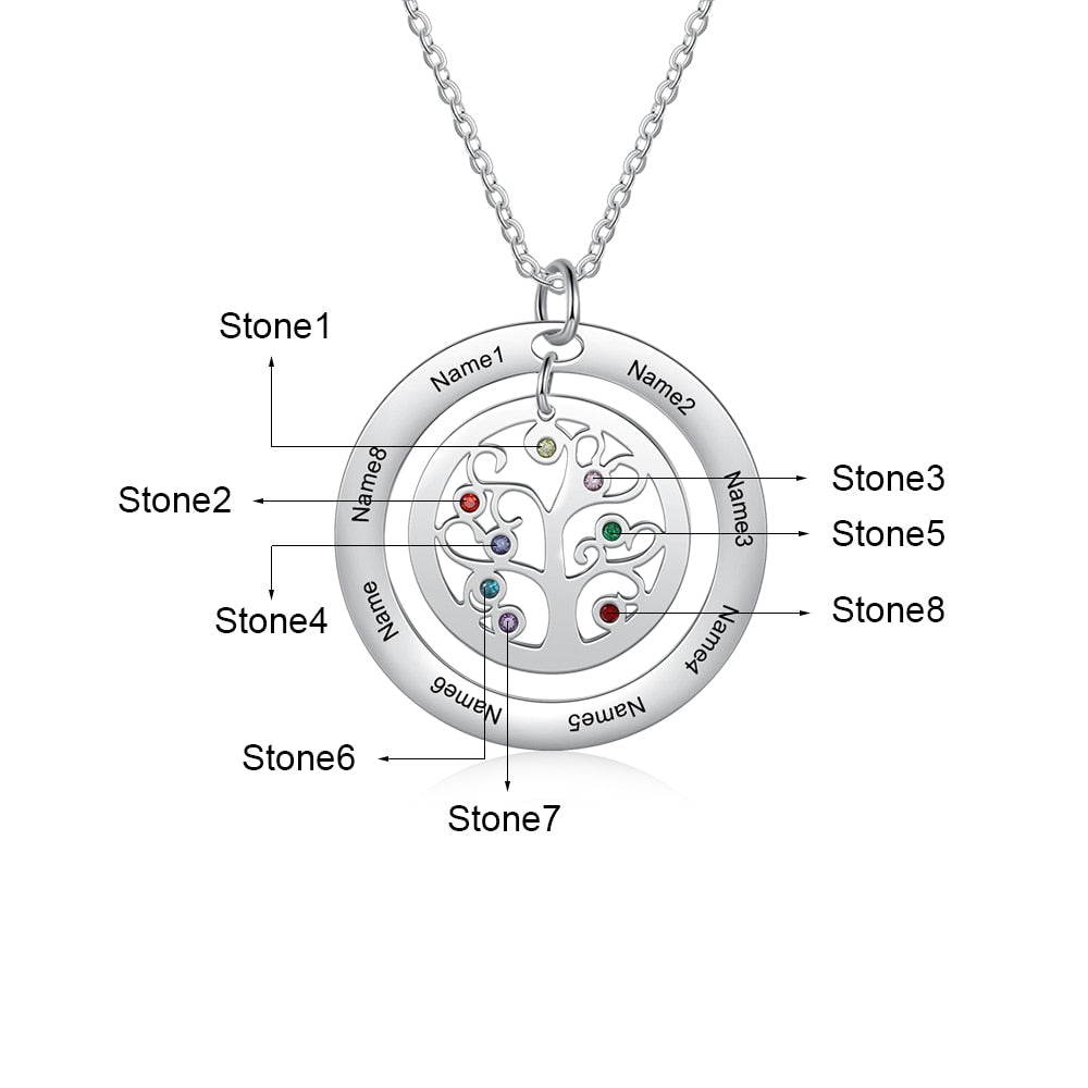 Tree of Life Name Necklace with Birthstone Name Engraved Pendant Family - MERGE.DAY.1.FREESTYLE