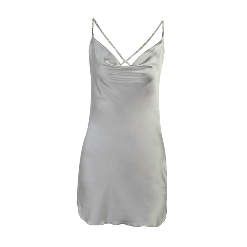 Silk Strap Mini Dresses Backless Solid Color Criss Front Pearl Sexy Summer Sexy Party - MERGE.DAY.1.FREESTYLE