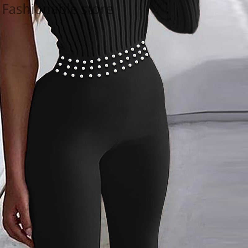 Women Single Shoulder Long Sleeve Beads Design Solid Color Jumpsuit - MERGE.DAY.1.FREESTYLE