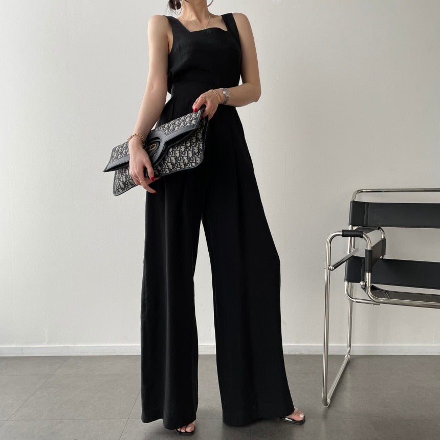 Office Ladies 2-Piece Women Square Neck Loose Vest Top + High Waist Pleated Wide Leg Pants - MERGE.DAY.1.FREESTYLE
