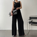 Office Ladies 2-Piece Women Square Neck Loose Vest Top + High Waist Pleated Wide Leg Pants - MERGE.DAY.1.FREESTYLE