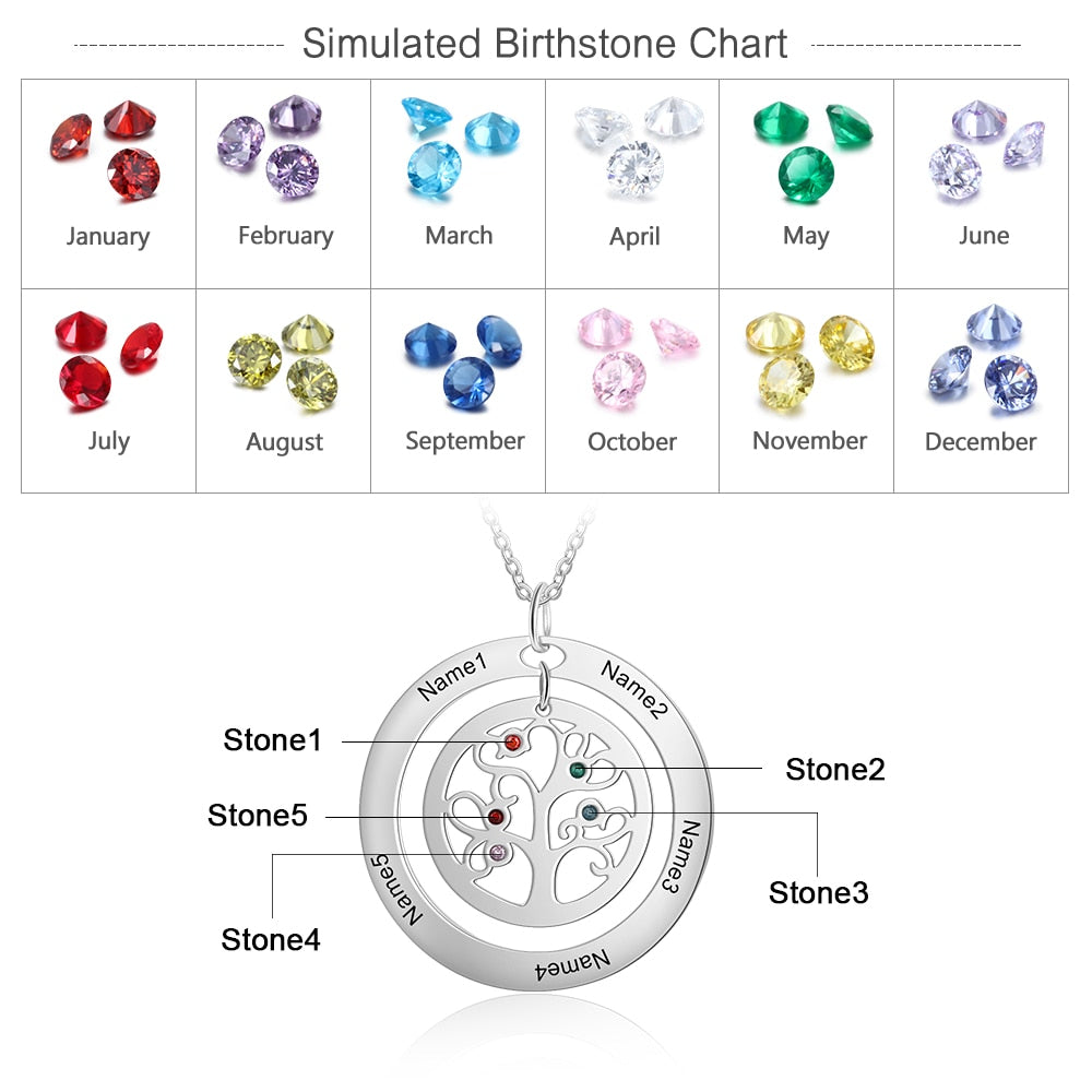 Tree of Life Name Necklace with Birthstone Name Engraved Pendant Family - MERGE.DAY.1.FREESTYLE