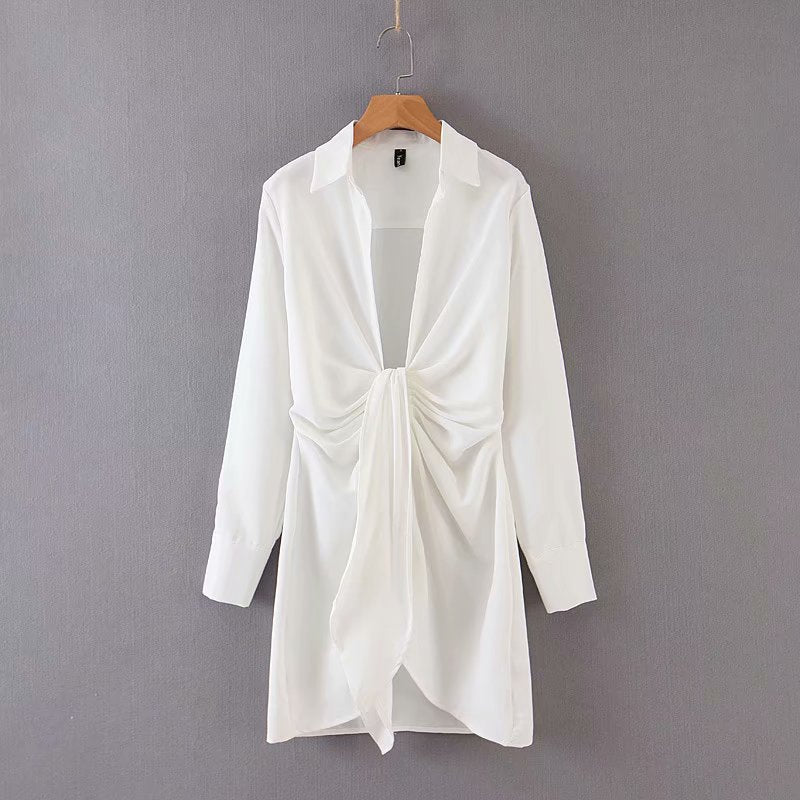 mini dress summer long sleeves women irregularity pleated vocation style loose white shirtdress - MERGE.DAY.1.FREESTYLE
