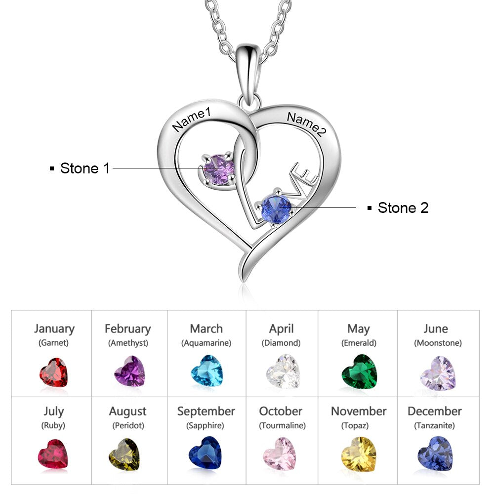 Personalized Heart Necklace with Birthstone Custom Name Engraved Pendant - MERGE.DAY.1.FREESTYLE