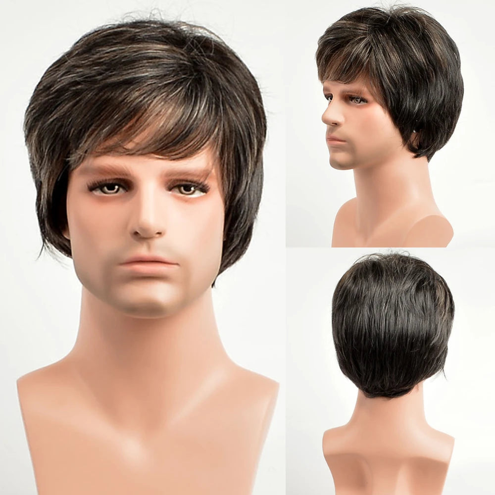 MSIWIGS Men Short Straight Wig Ombre Grey Brown Synthetic Wig White for Male Hair Fleeciness Realistic Natural Headgear - MERGE.DAY.1.FREESTYLE