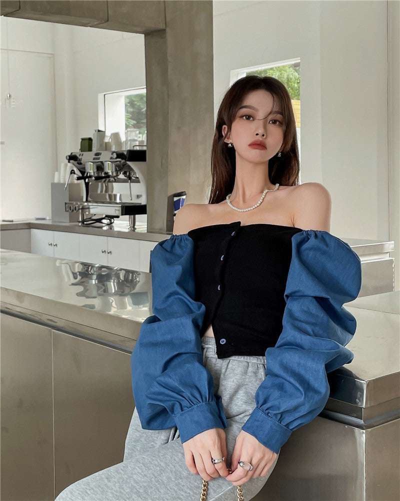 Patchwork Denim Shirts Women French Square Collar Puff Blouses Long Sleeve Crop Tops - MERGE.DAY.1.FREESTYLE