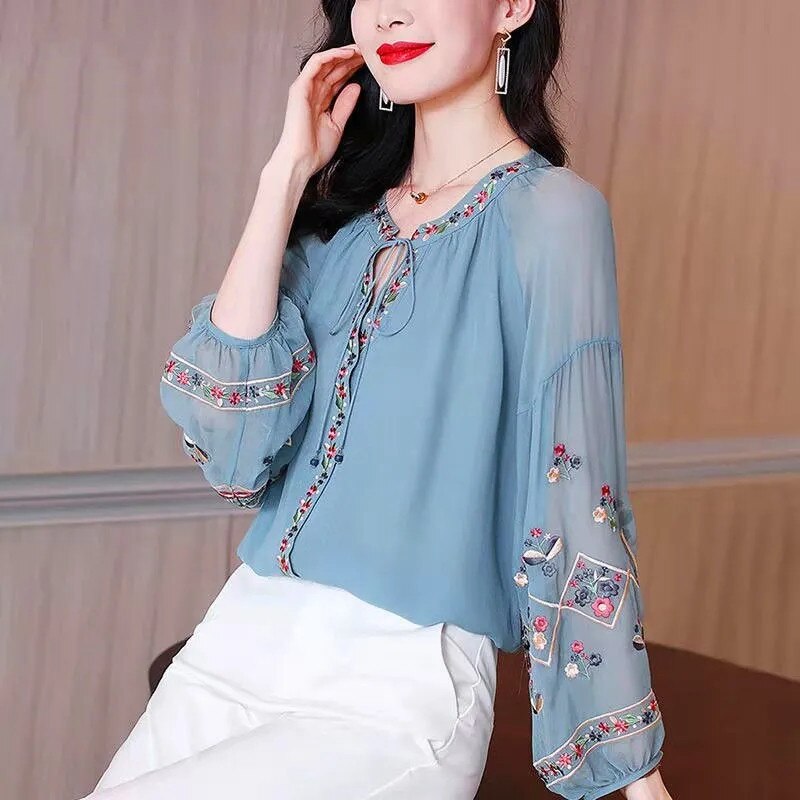 Chiffon Embroidery Blouse Long Lantern Sleeve Loose Top Casual Wear Oversize Casual Wear - MERGE.DAY.1.FREESTYLE