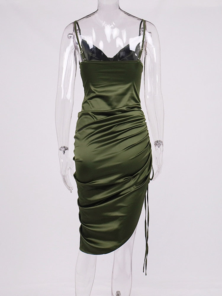 Ruched Satin Summer Dress Drawstring Spaghetti Straps Cowl Neck Backless Long Dresses - MERGE.DAY.1.FREESTYLE
