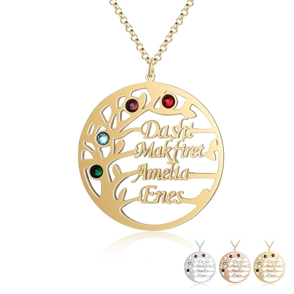 Family Tree Necklace with 4 Birthstones Name Necklace - MERGE.DAY.1.FREESTYLE