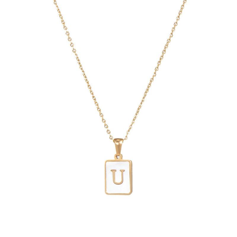 18K Golden Chain Necklaces Male Square Natural Shell Initial Letters Pendant Stainless Steel Jewelry - MERGE.DAY.1.FREESTYLE