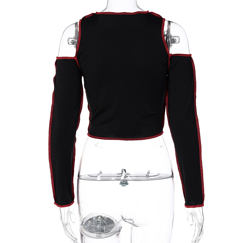 Goth Hollow Out Fashion Tshirt Women Long Sleeve Crop Top T Shirt Punk Streetwear Gothic Tee - MERGE.DAY.1.FREESTYLE