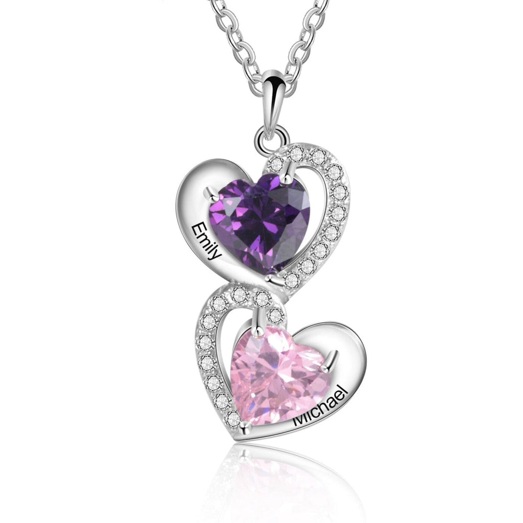 925 Sterling Silver Heart Necklace with 2 Birthstone Cubic Zirconia Custom Name Pendant - MERGE.DAY.1.FREESTYLE
