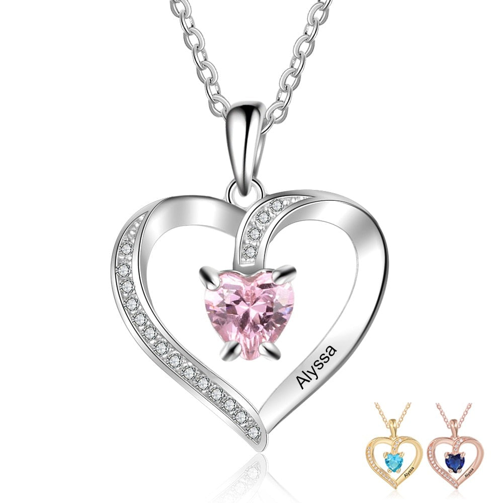 Engrave Name Heart Pendants with Customize Birthstone Necklace - MERGE.DAY.1.FREESTYLE