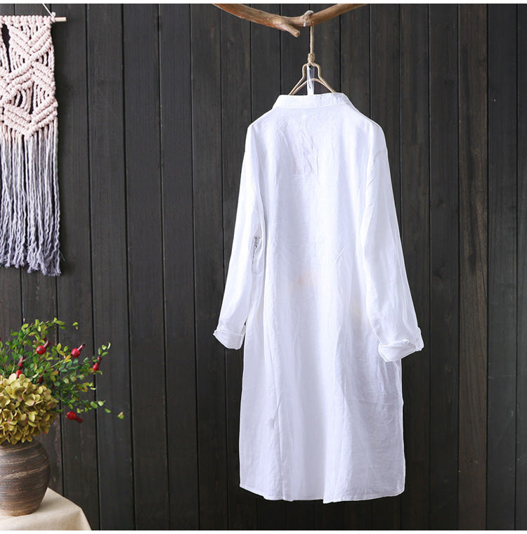 Cotton Shirt Long Sleeve Embroidery Blouse Stand Collar Loose Long Top Office Lady Casual Wear - MERGE.DAY.1.FREESTYLE