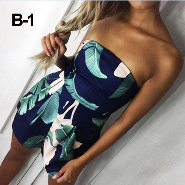Floral Print Ruffles Strapless Rompers Summer Pleated Chest Wrapped Playsuits Womens Jumpsuit - MERGE.DAY.1.FREESTYLE