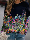 Women's Flower Print Top Loose Long-sleeved Round Neck Sweater All-match T-shirt - MERGE.DAY.1.FREESTYLE