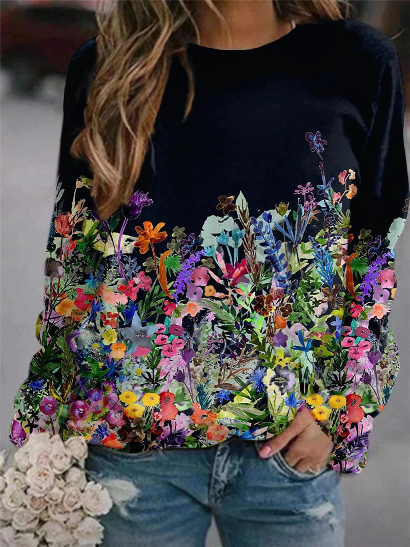 Women's Flower Print Top Loose Long-sleeved Round Neck Sweater All-match T-shirt - MERGE.DAY.1.FREESTYLE