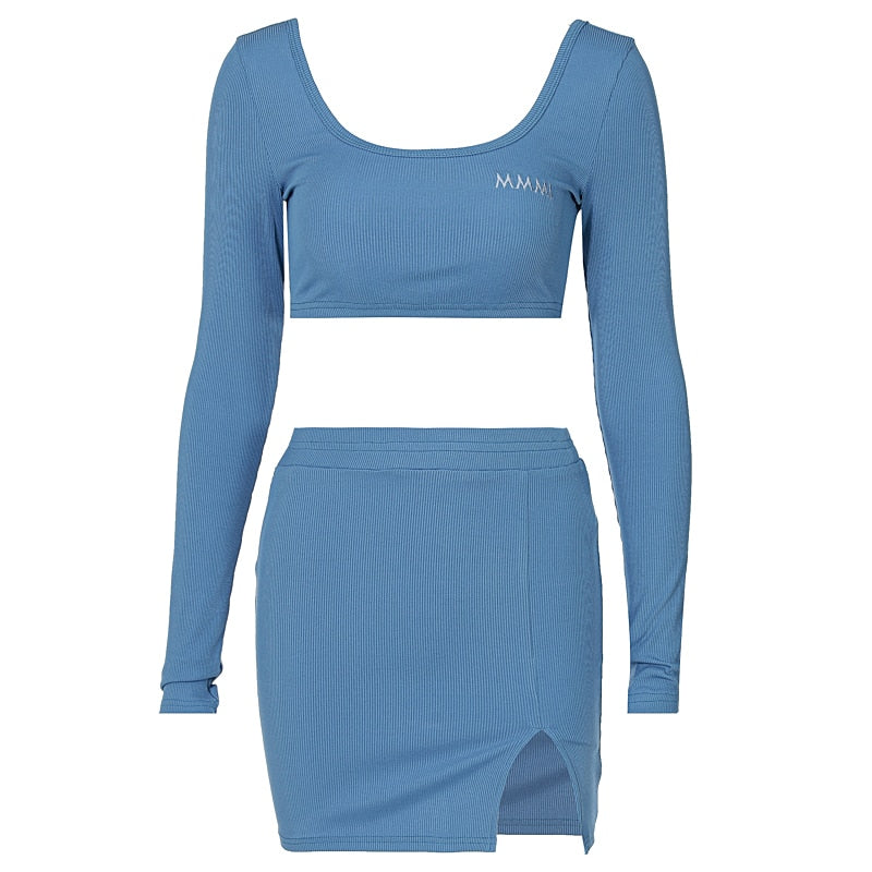 Long Sleeves Solid Navel Low Neck Bodycon Top Sexy Mini Dress Set - MERGE.DAY.1.FREESTYLE