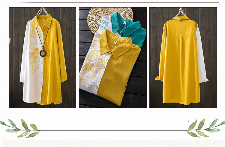 Women Cotton Linen Embroidery Blouse Long Sleeve Patchwork Color Top - MERGE.DAY.1.FREESTYLE