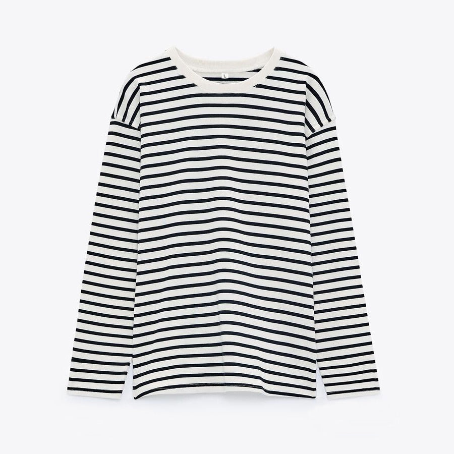 Women Striped Long Sleeve T-shirts Female Streetwear Autumn Spring Cotton Tees Tops - MERGE.DAY.1.FREESTYLE