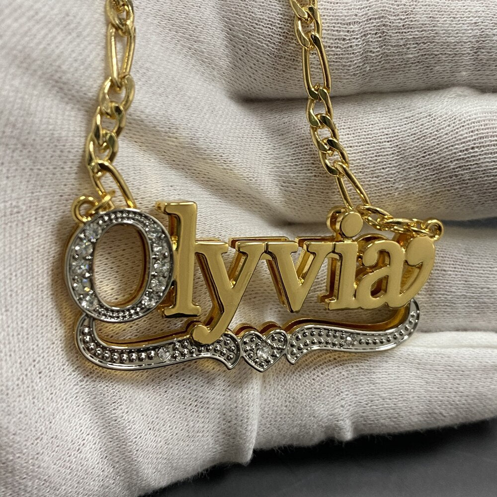 3D Name Necklace Custom Two Color Stainless Steel Double Layer Under Heart Necklace - MERGE.DAY.1.FREESTYLE