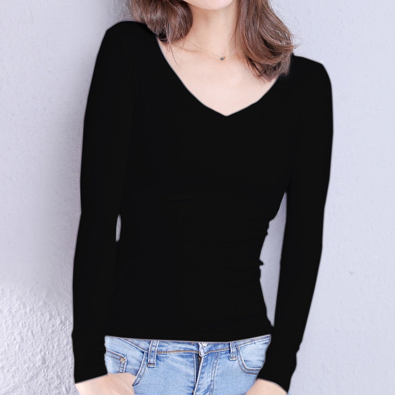 Cotton Women's T-shirt Long-sleeved Solid Color Women T-shirts Leisure Woman T shirt - MERGE.DAY.1.FREESTYLE