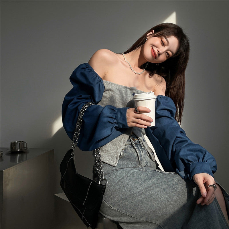 Patchwork Denim Shirts Women French Square Collar Puff Blouses Long Sleeve Crop Tops - MERGE.DAY.1.FREESTYLE