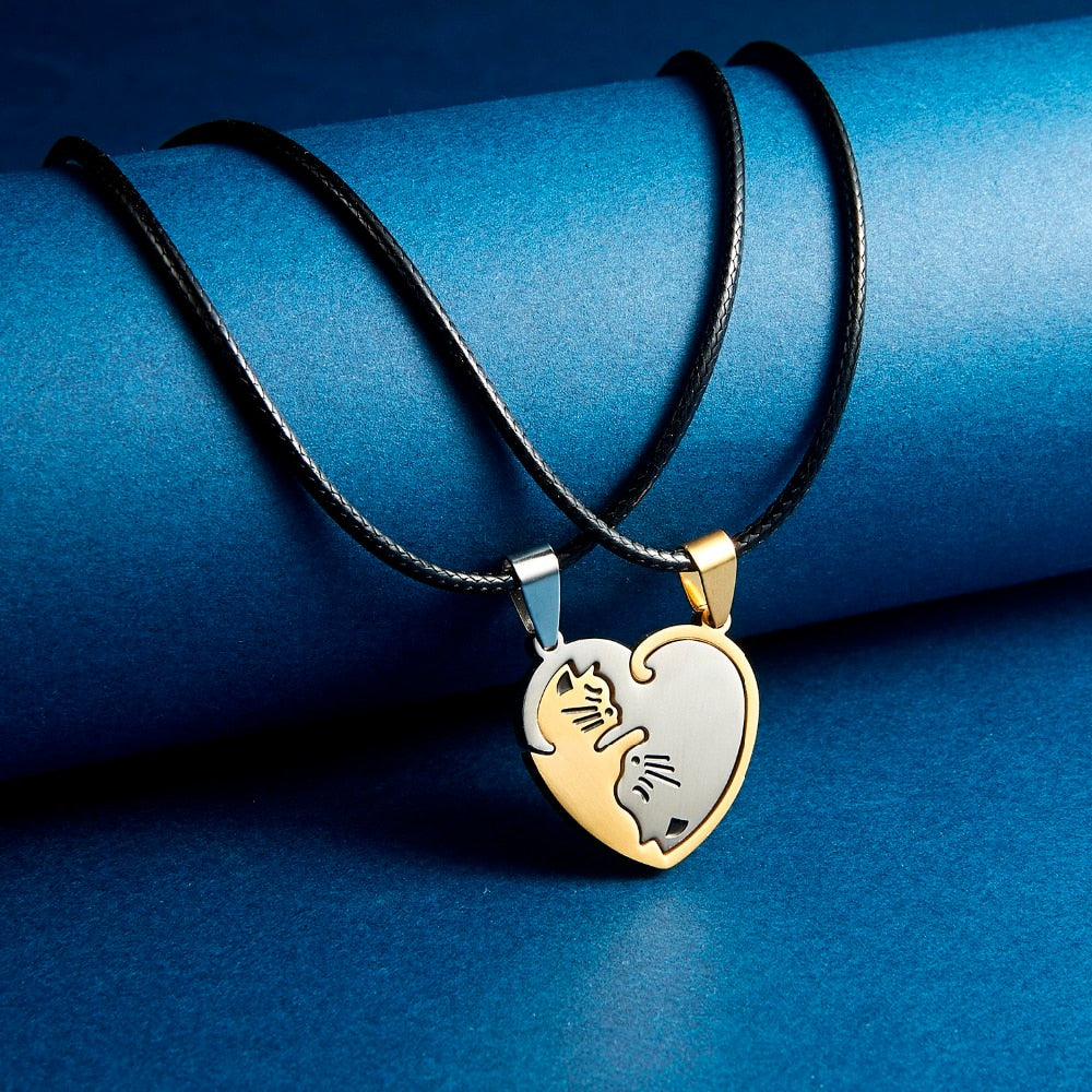 Black White Cat Stitching Necklace Friendship Heart Shape Gold White Cat Cute Couple Jewelry - MERGE.DAY.1.FREESTYLE