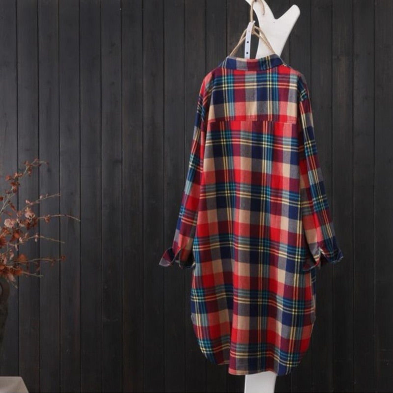 100% Cotton Plaid Shirt Long Sleeve Button Up Casua Loose Blouse Plus Size - MERGE.DAY.1.FREESTYLE