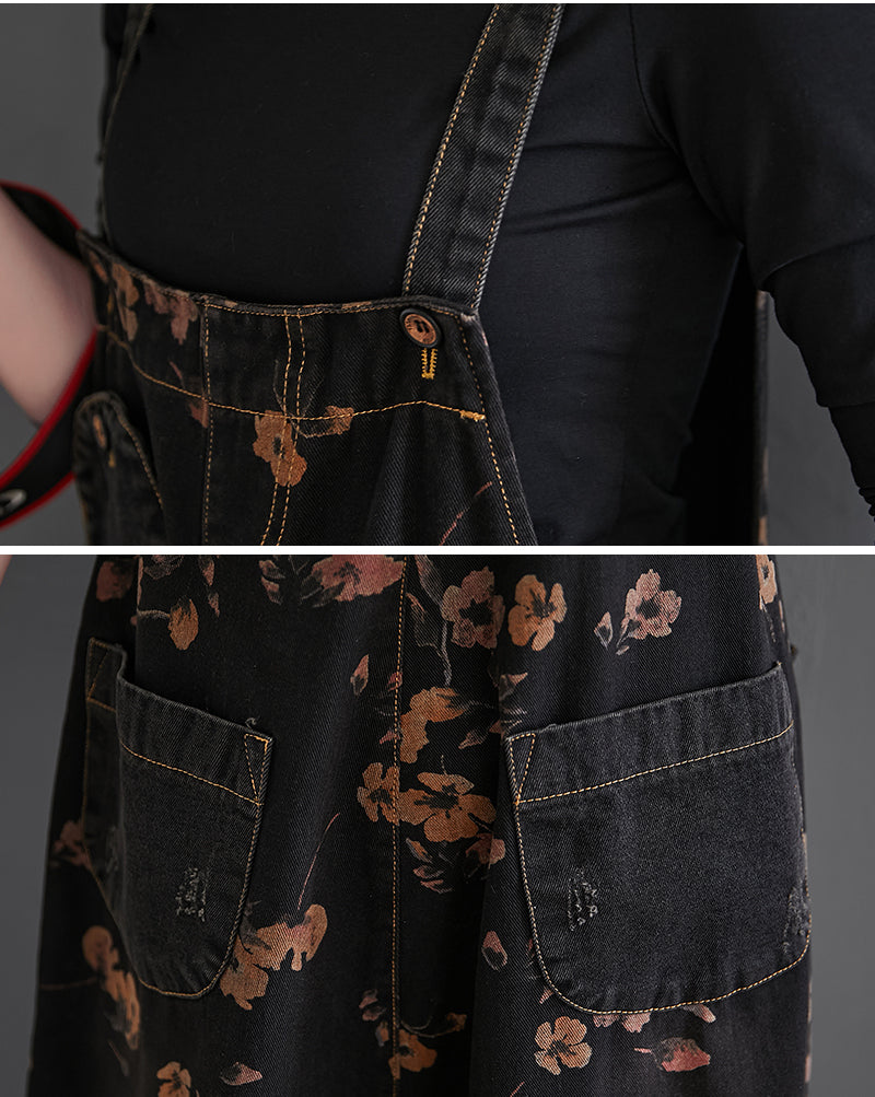 Loose Jeans Black Jumpsuit Casual Ladies Big Pockets Print Floral Denim Overalls Straps Rompers - MERGE.DAY.1.FREESTYLE