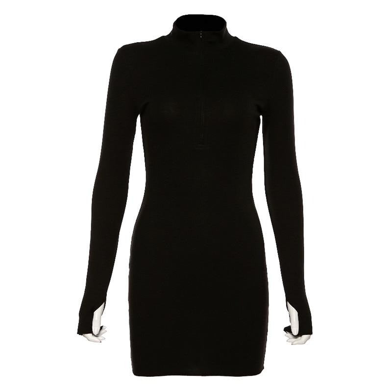 Spring Autumn Stretch Slim Soft Ribbed Knitted Turtleneck Casual Bodycon Zip Dress - MERGE.DAY.1.FREESTYLE