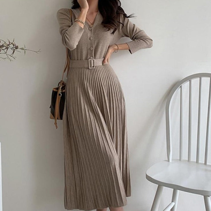 V-neck Single-breasted Women Thicken Sweater Dress Knitted Belted Female A-line soft dresses - MERGE.DAY.1.FREESTYLE