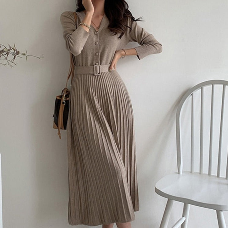 Single-breasted Women Sweater Dress Knitted Belted Female A-line soft dresses - MERGE.DAY.1.FREESTYLE