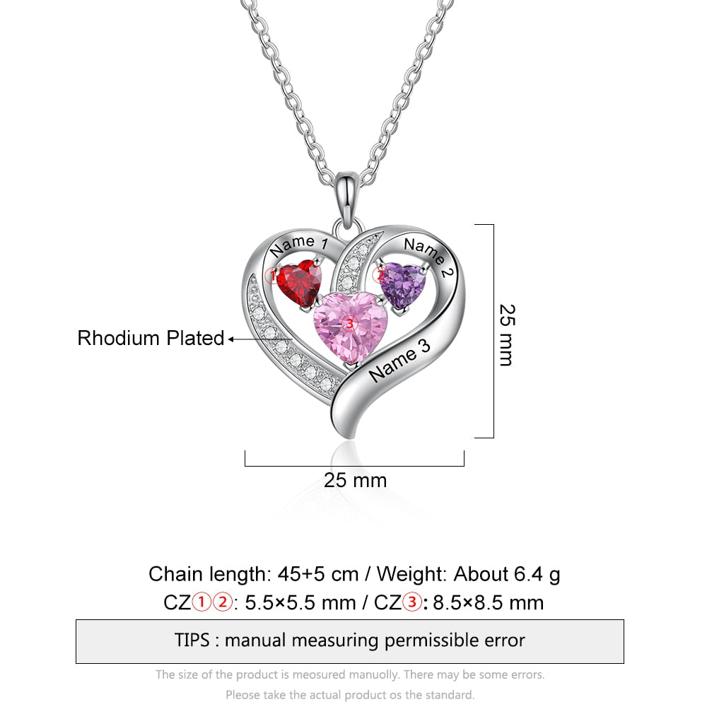 Name Engraved Heart Necklaces for Customized 3 Birthstone Necklace - MERGE.DAY.1.FREESTYLE