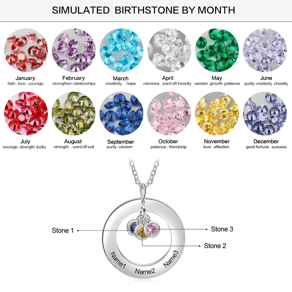 Circle Necklace with 1-3 Birthstones Custom Round Pendant Name Necklace - MERGE.DAY.1.FREESTYLE
