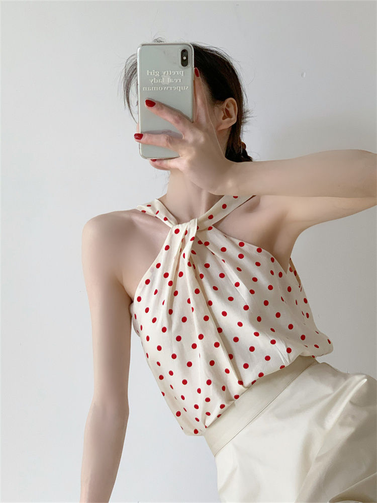 Backless Camis Women Summer Polka Dot Twist Halterneck Vest Female Casual Chiffon Tops - MERGE.DAY.1.FREESTYLE