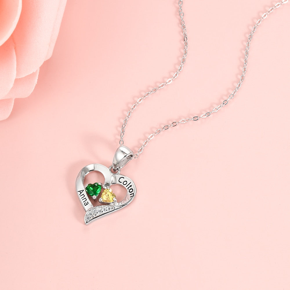 925 Sterling Silver Name Necklace with 2 Birthstones Custom Engraved Heart Pendant - MERGE.DAY.1.FREESTYLE