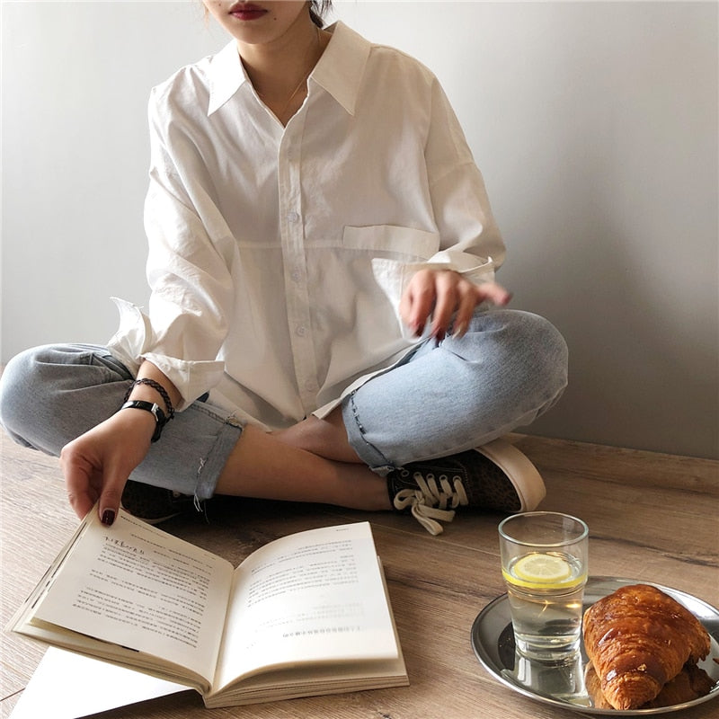 Loose Turn-down Collar Solid Female Shirts Tops Spring Summer Blouses - MERGE.DAY.1.FREESTYLE