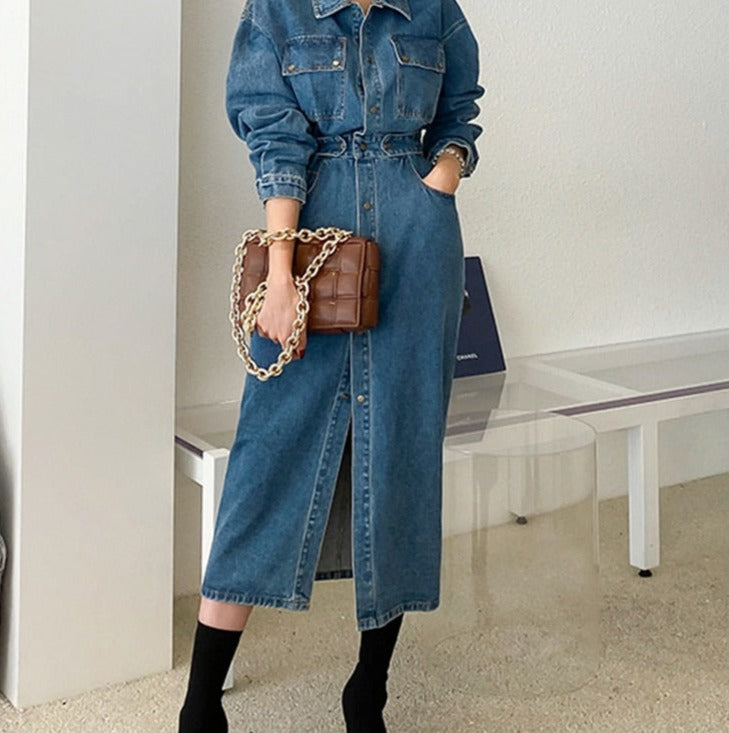 Denim Dress Full Sleeve Single-breasted Pockets Slim Waist Mid-length - MERGE.DAY.1.FREESTYLE