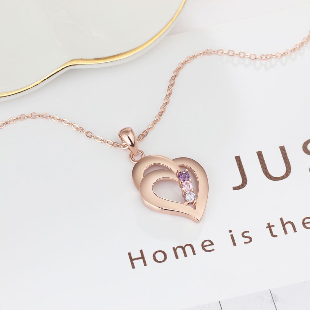 925 Sterling Silver Mothers Necklace with 3 Birthstones Romantic Name Heart Pendants - MERGE.DAY.1.FREESTYLE