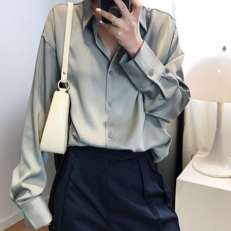 Satin Shirts Long Sleeve Turn Down Collar Elegant Office Ladies Workwear - MERGE.DAY.1.FREESTYLE