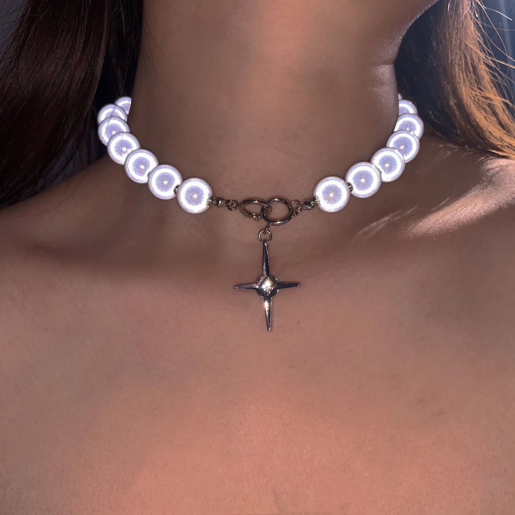 Luminous Beads Pearl Stitching Necklace Choker Cross Pendant Clavicle Sweet Party Jewelry - MERGE.DAY.1.FREESTYLE