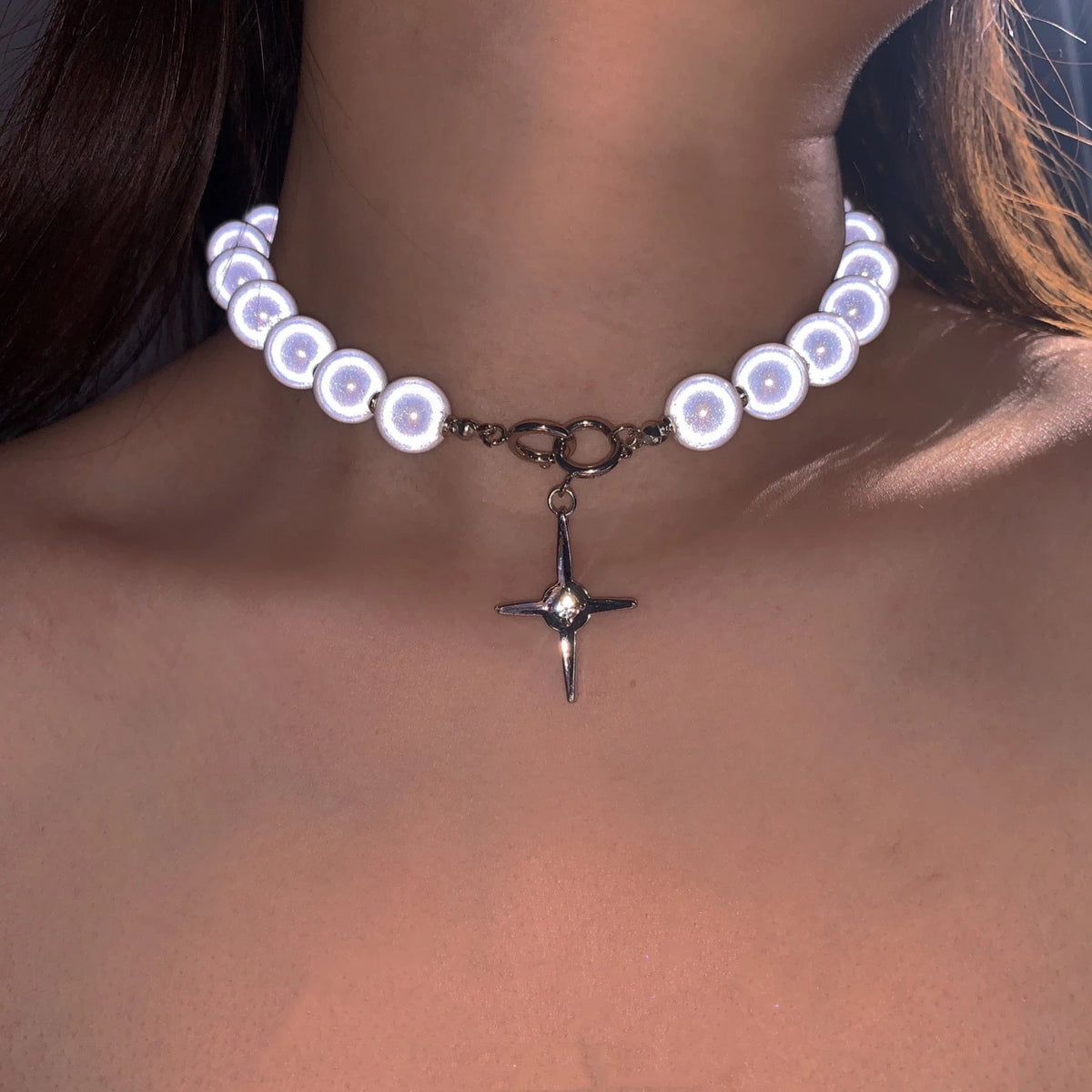 Luminous Beads Pearl Stitching Necklace Choker Cross Pendant Clavicle Sweet Party Jewelry - MERGE.DAY.1.FREESTYLE
