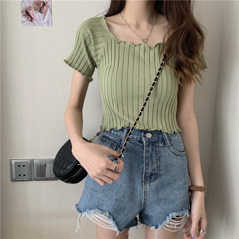 Women Off Shoulder T-shirts Knitted Ruffles Hem Crop Tops Short Sleeve T-shirts - MERGE.DAY.1.FREESTYLE
